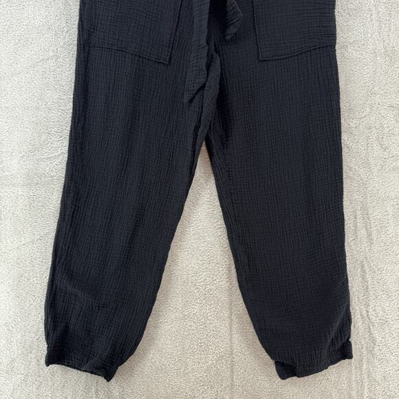 Magaschino Pants M Black Textured Organic Cotton Pockets Elastic Hem Cropped Tie - Picture 4 of 14
